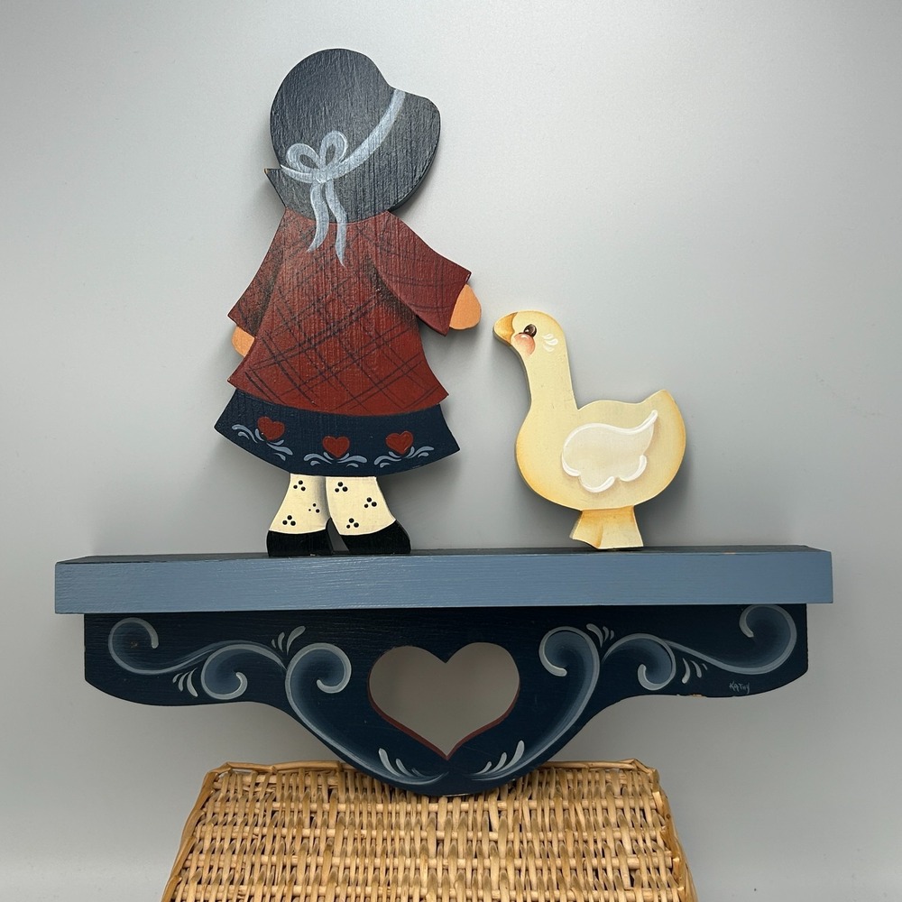 1980s Wood Painted Blue Mini Wall Shelf Goose Heart Cut Out Bows Country Cottage